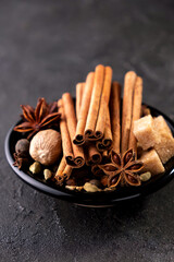 Spices set.Various seasonings for cooking or mulled wine, anise, cardamom, cloves, cinnamon, nutmeg