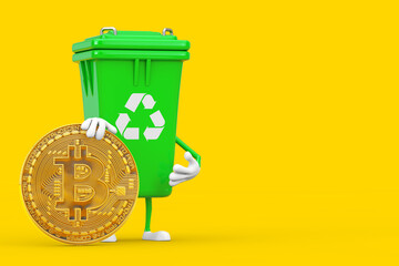 Recycle Sign Green Garbage Trash Bin Character Mascot with Digital and Cryptocurrency Golden Bitcoin Coin. 3d Rendering