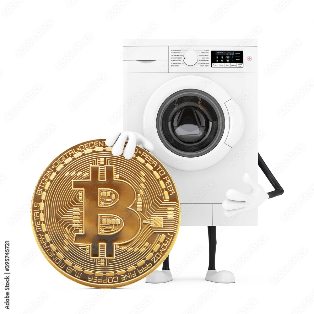 Aufkleber modern white washing machine character mascot with digital and cryptocurrency golden bitcoin coin. 3