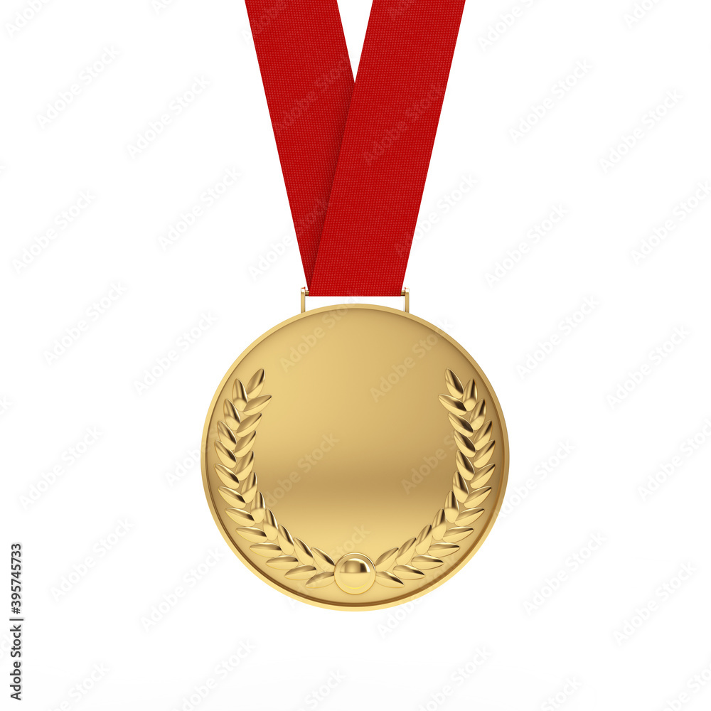 Poster golden medal with laurel wreath. 3d rendering