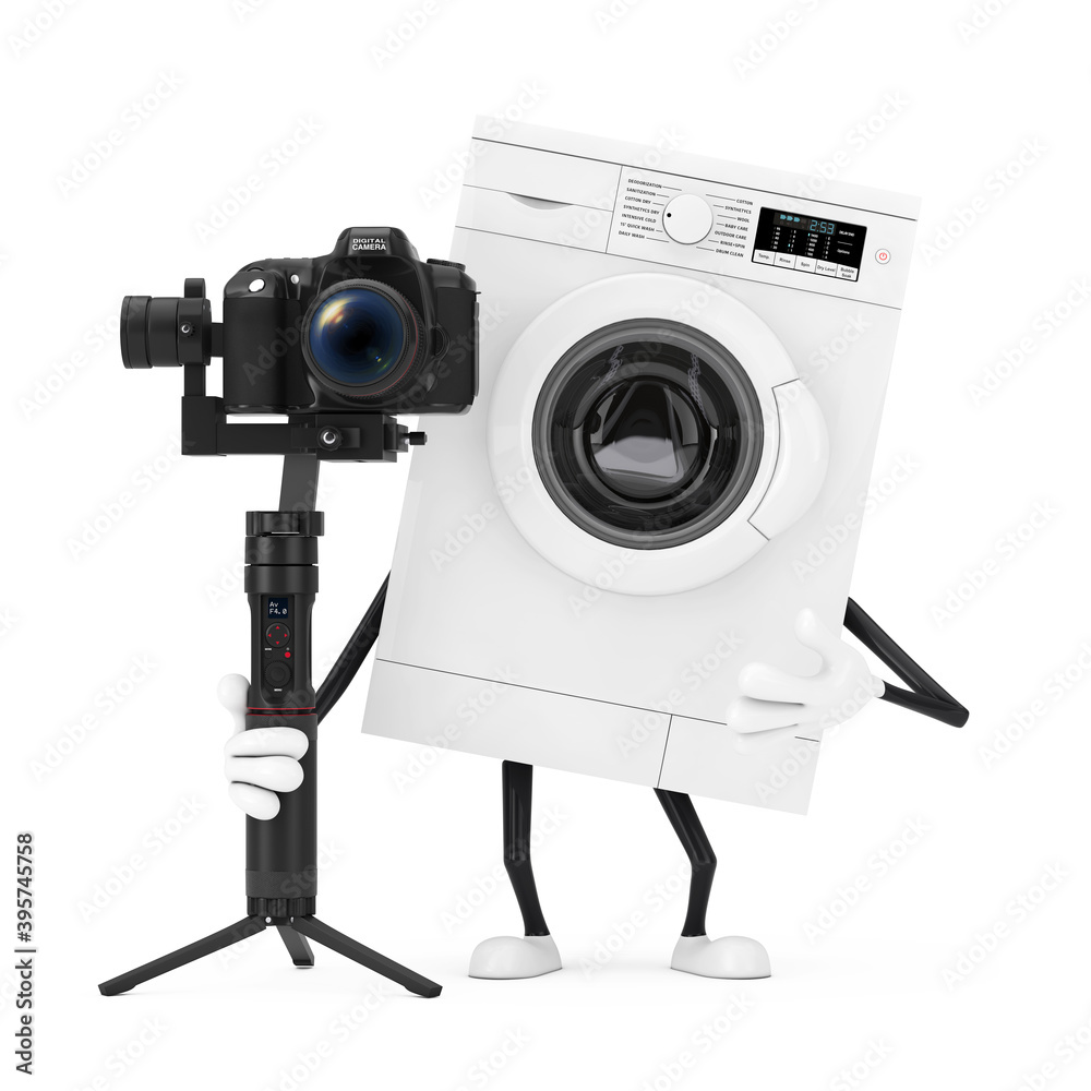 Aufkleber Modern White Washing Machine Character Mascot with DSLR or Video Camera Gimbal Stabilization Tripod System. 3d Rendering