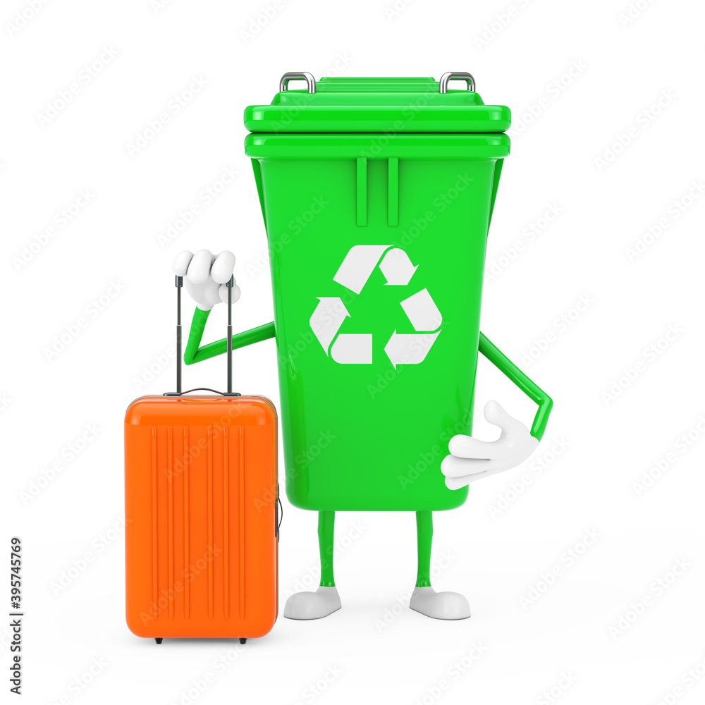 Aufkleber recycle sign green garbage trash bin character mascot with orange travel suitcase. 3d rendering