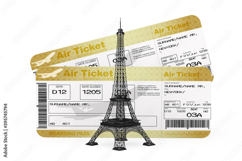 Poster travel to france concept. paris eiffel tower in front of two golden business or first class airline 