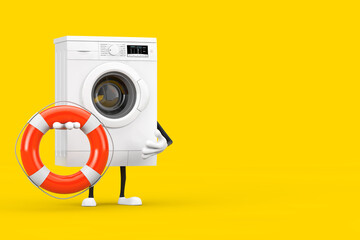 Modern White Washing Machine Character Mascot with Life Buoy. 3d Rendering