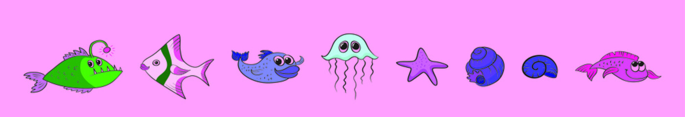 set of cute fish animals starfish, squid and more. cartoon icon design template with various models. vector illustration isolated on pink background