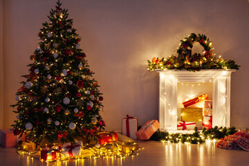 Lights garland Christmas tree at night for the new year