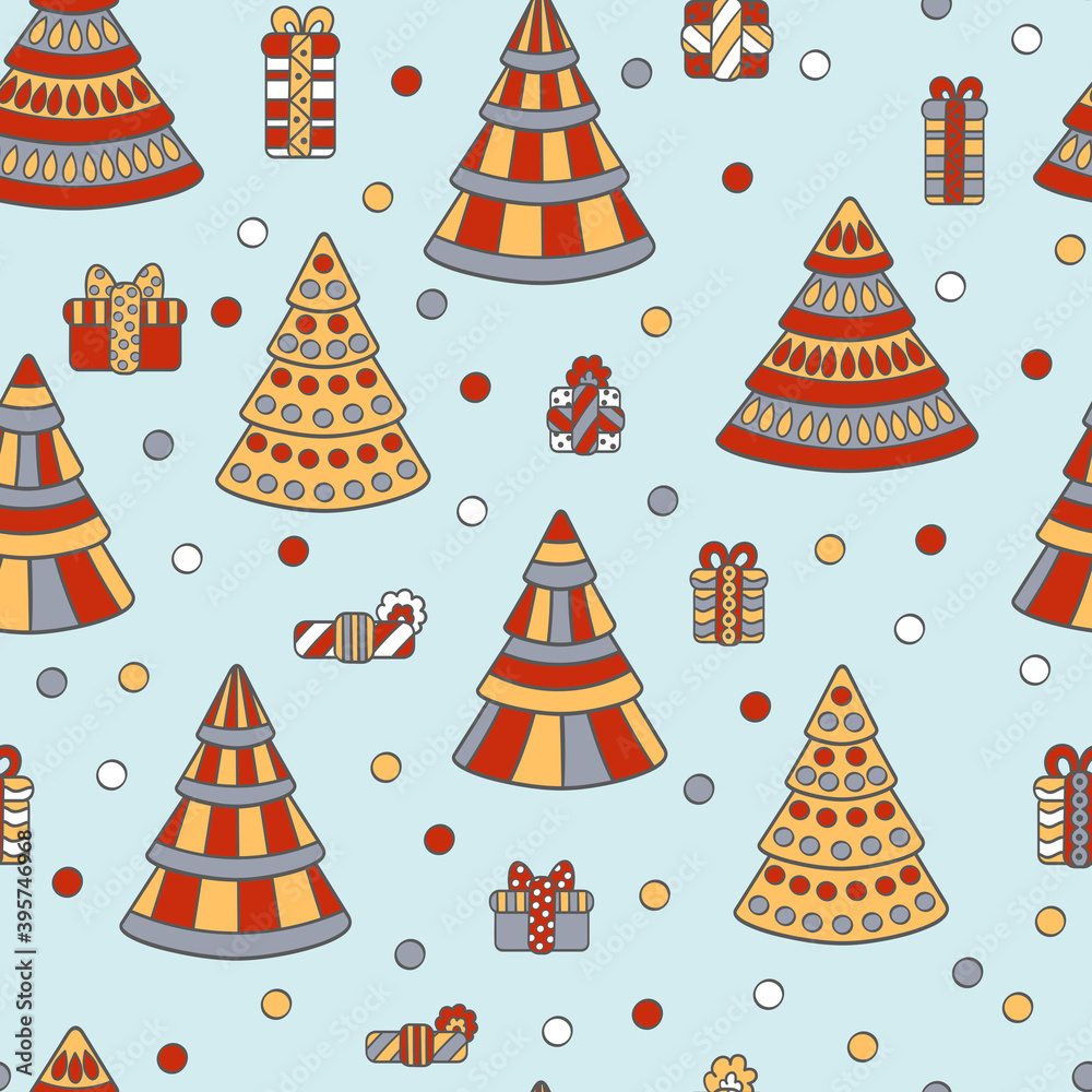 Wall mural Christmas seamless pattern with Christmas trees and gifts on a blue background