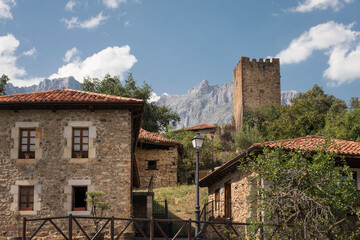 Old buildings and trees in Mogrovejo town in Spain with mountains in the background