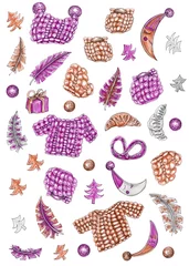 Poster Cartoon set of knitted clothes, feathers and croissants © ElenVilk