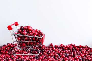 Shopping Trolley with ripe fresh cranberries as natural, food, berries, buying vitamins background. Selective focus.
