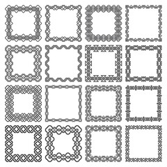 Set of square frames. Rectangular patterns. Sixteen decorative elements for design with entwined strips borders. Squares of black lines on white background.