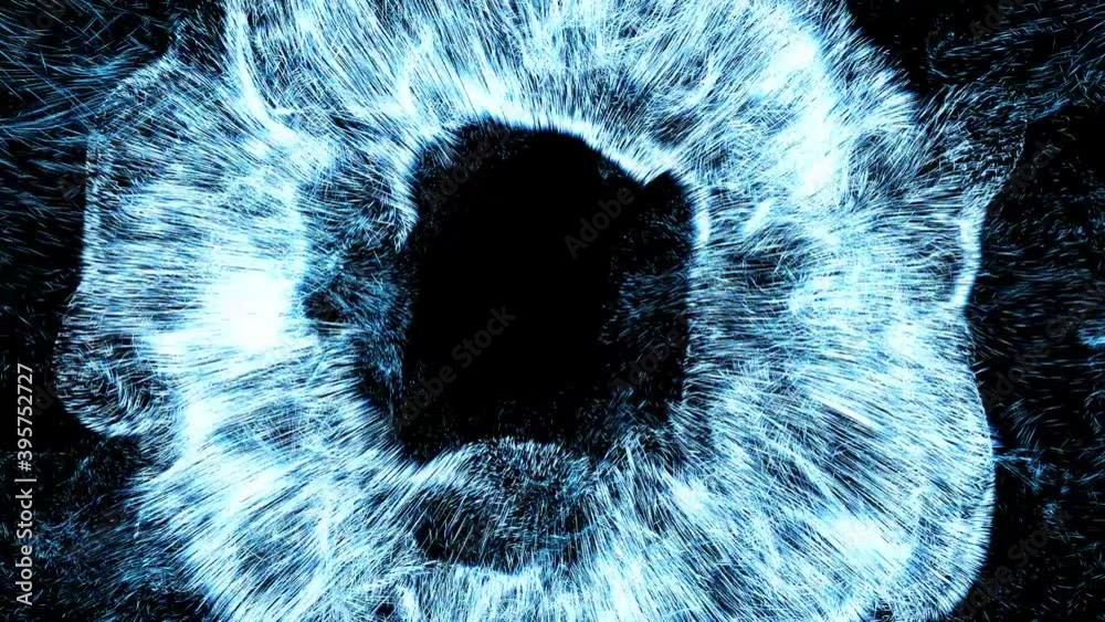 Poster 3d render of particles exploision. dynamic fury turbulenced behavior. loop animation.