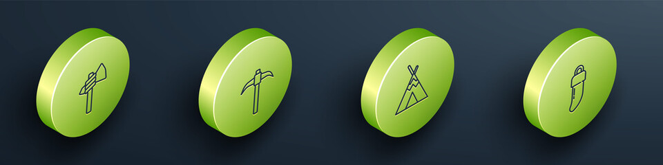 Set Isometric Tomahawk axe, Pickaxe, Indian teepee or wigwam and Tooth icon. Vector. © Oksana