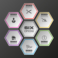 Information infographic statistic vector presentation. Graphic composition for your business presentations. Six hexahedron label for your annotations. 6 hexagon sticker for registration of proposals
