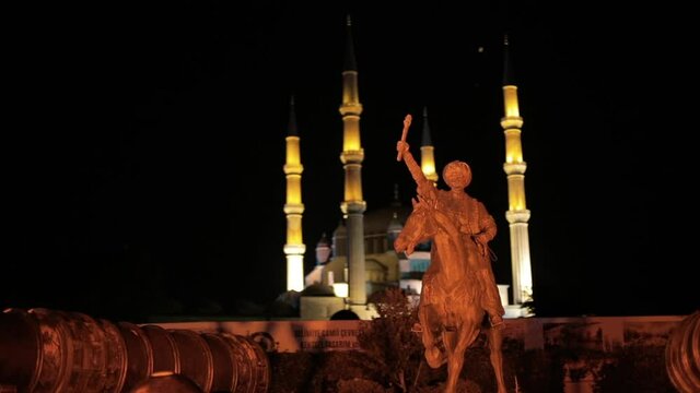 II. Mehmed Statue and Selimiye Mosque in Edirne. 4K Footage in Turkey