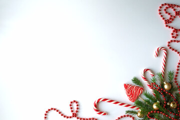 Flat lay. Christmas and New Year theme. Christmas tree branches, golden balls, candy canes, red beads. White background.