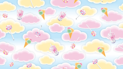 Marshmallow cream clouds with sweets. Endless background