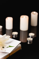 lily, candles and holy bible on black , funeral concept