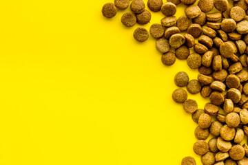 Top view of dried dog food and treats. Flat lay of food for pets