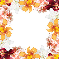 Beautiful flower frame made of lilies and pelargonium. Isolated