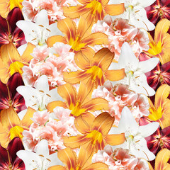 Beautiful floral background of lilies and pelargoniums. Isolated