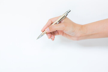Business girl holding new pen isolate on white background, signing contract, business concept