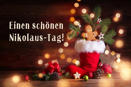 Gefüllter Stiefel zum Nikolaus -  Grußkarte mit deutschem Text -  Einen schönen Nikolaus-Tag!
Weihnachten, Advent