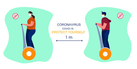 Woman and Man Characters in Medical Mask Riding on Electric Scooter during Covid 19 Pandemic.Rules for Walking in Quarantine in Park.Social Distance.Protect Yourself.Flat Vector Illuatration