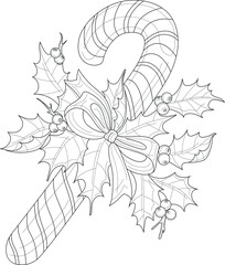 Christmas New Year candy cane with bow and mistletoe sketch template. Winter vector illustration in black and white for games, background, pattern, decor. Coloring paper, page, story book, print