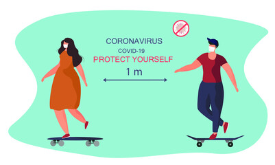 Fototapeta premium Woman and Man Characters in Medical Mask Riding Skateboard during Covid 19 Pandemic.Rules for Walking in Quarantine in Park.Social Distance.Protect Yourself.Flat Vector Illustration.