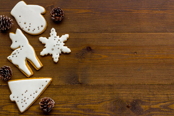 Christmas winter dessert - icing gingerbread cookies, top view