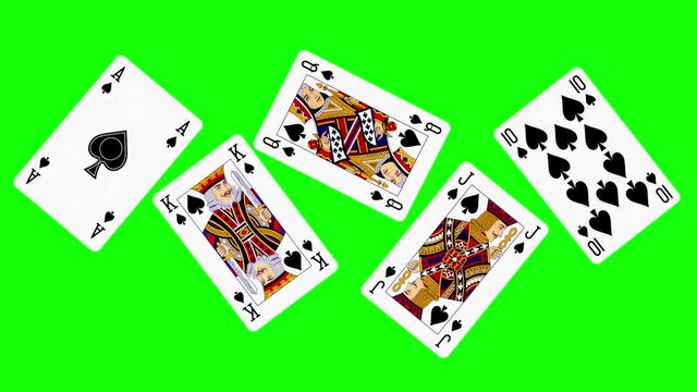 3d rendered animation of playing cards in poker's flash royal combination