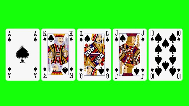 3d rendered animation of playing cards in poker's flash royal combination