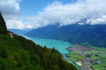 Fototapeta na wymiar Brienz lake view from a ridge hiking trail towards Augstmatthorn, Switzerland