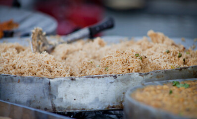 Indian cuisine Street food - fried rice, curry and bread selection.