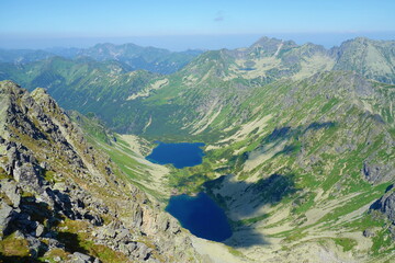 Mountain lakes called Temnosmrecianske pleso from the top of Koprovsky Stit mountain, Tatry national park, Slovakia