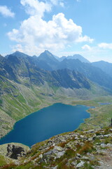 Velke Hincovo pleso, the biggest mountain lake in High Tatras surrounded by Rysy and Koprovsky Stit, Slovakia