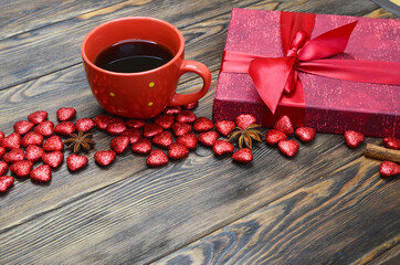 background for Valentine's day coffee cup box gift and decor in the shape of a heart, hygge concept
