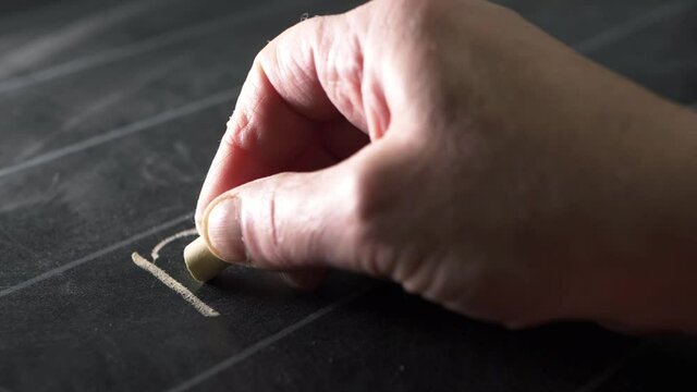 Hands of teacher writing on blackboard with chalk close up shot