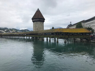 Historic city center of Lucerne with famous Chapel Bridge on Reuss River in Switzerland