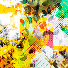 Modern abstract collage with colorful elements and forms