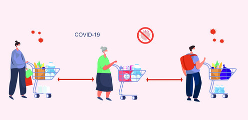 People with Shopping Cart Keeping Social Distancing two Metres and Coronavirus covid-19 Prevention in Shop.Characters in Medical Mask Buying Groceries.Protect yourself.Flat Vector Illustration