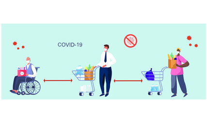 People with Shopping Cart Keeping Social Distancing two Metres and Coronavirus covid-19 Prevention in Shop.Characters in Medical Mask Buying Groceries.Protect yourself.Flat Vector Illustration