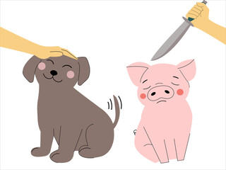 The man strokes the dog and kills the pig.The concept of being kind to all animals. Go vegan.