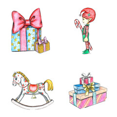 colored pencils: a blue gift box with stars and a red bow;a white dappled rocking horse; a Christmas elf in a red cap with a striped candy in his hands; multi-colored gift boxes 