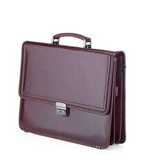 Beautiful Burgundy leather briefcase with a clasp, isolated on a white background with a light shadow. Concept: business, document management, shares, capital investment, investment.