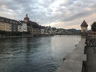 Historic city center of Lucerne with famous Chapel Bridge on Reuss River in Switzerland