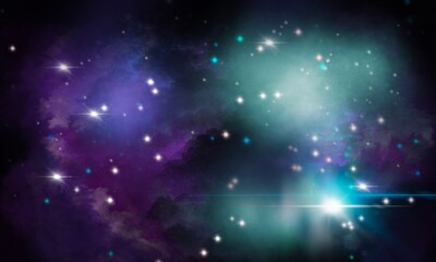 Sfondo viola astratto universo. Spazio cosmico con le galassie, stelle, pianeti e supernove. Nebulosa. Via lattea. Banner. 