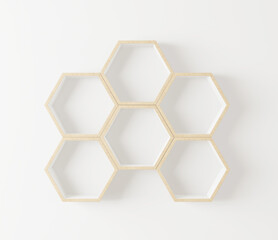 Hexagon wooden shelf, Minimal Japanese style. copy space hexegon, interior white background