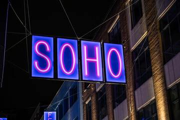 Illuminated SOHO sign as part of the Carnaby Street 2020 Christmas lights aimed at delivering positive message during the COVID 19 pandemic
